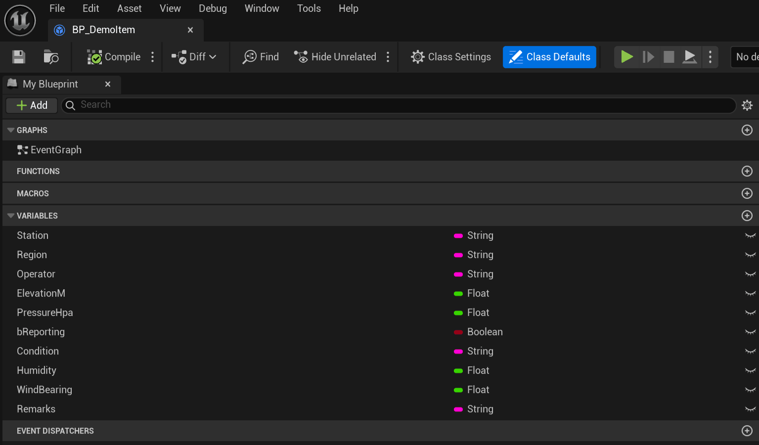 10 variables on BP_DemoItem. Each name becomes a Column Id.