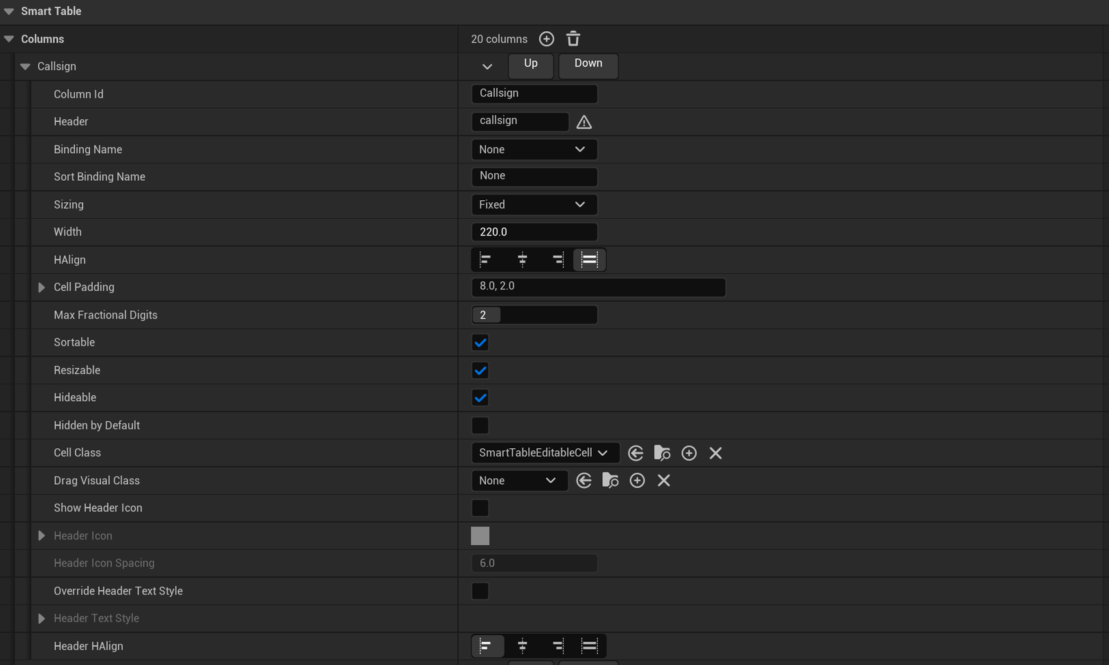 One column: Column Id, Header, Binding Name, Sizing and Width.