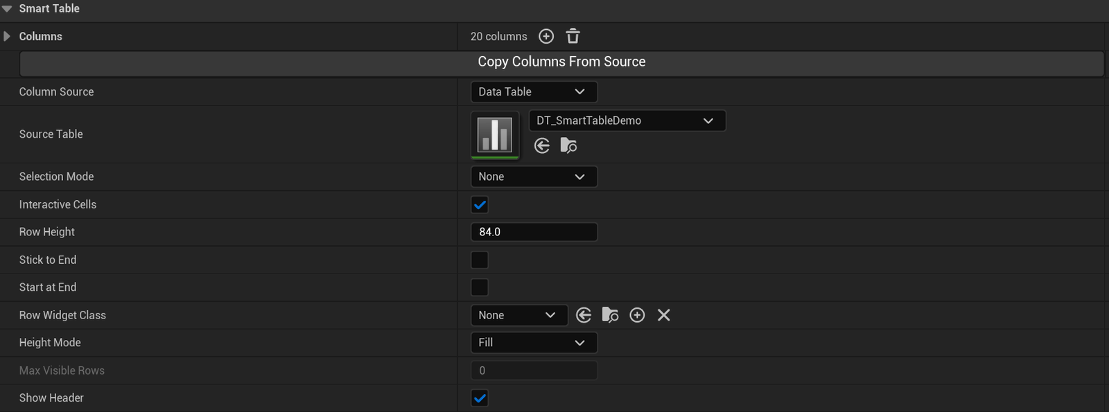 Column Source on Data Table binds the columns to the row struct.