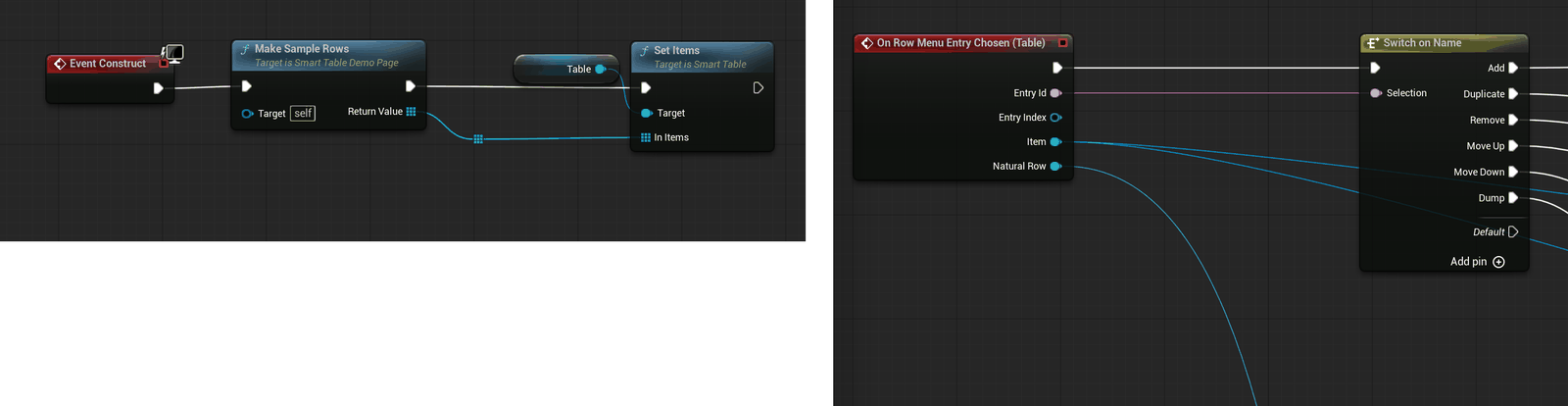Event Construct fills the table, and one switch answers the row menu.