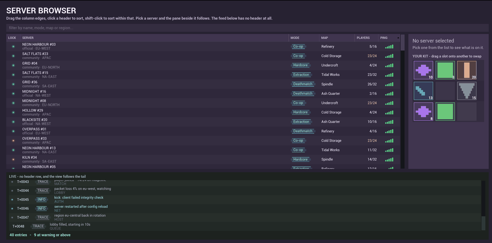 A server browser: the table beside a detail pane and a live feed.
