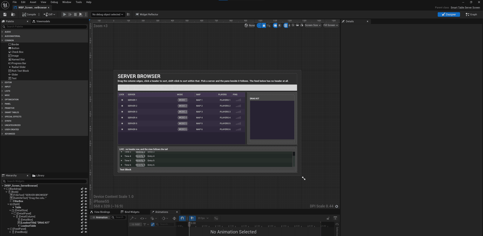 The server screen, assembled from Smart Tables and ordinary UMG.