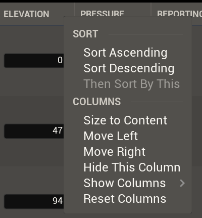 The header menu: sort, size to content, move, show and hide, reset.