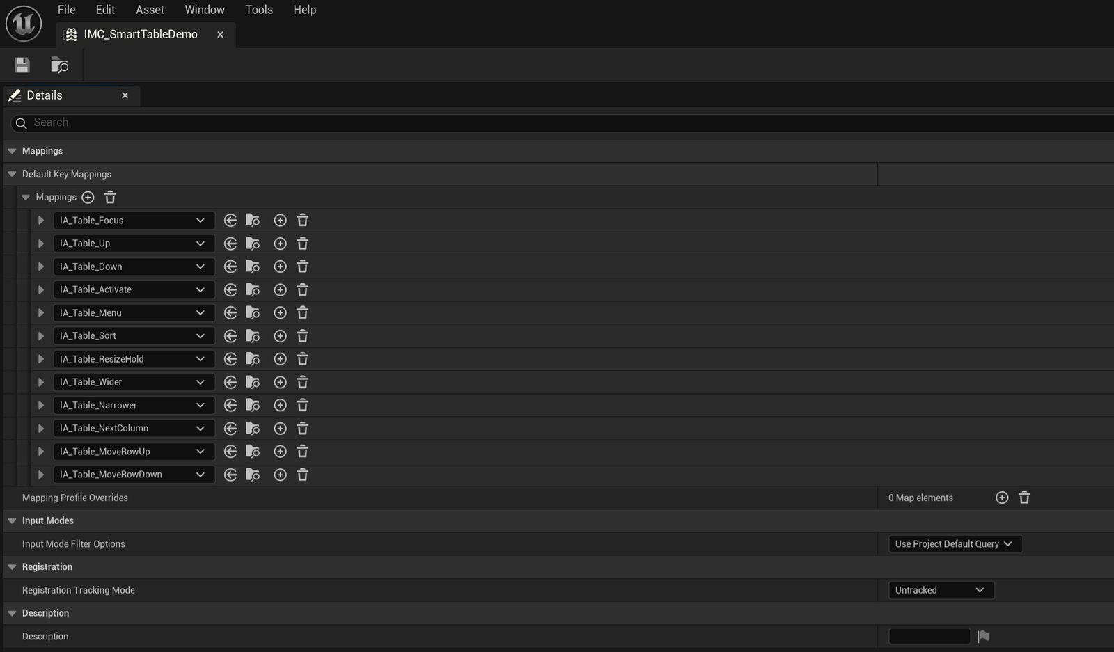 The Input Actions the demo binds, in one Input Mapping Context.
